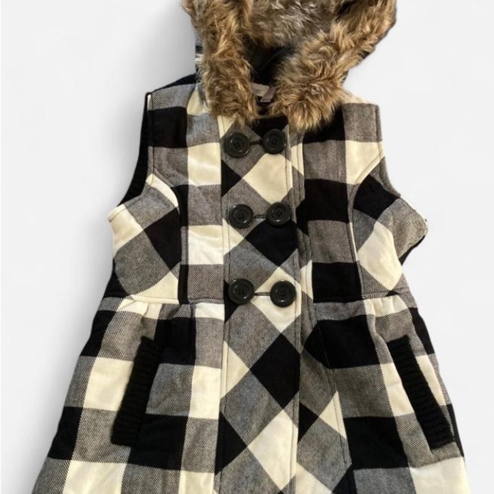 Piper & Blue Black and White Plaid Vest with Faux Fur Hood